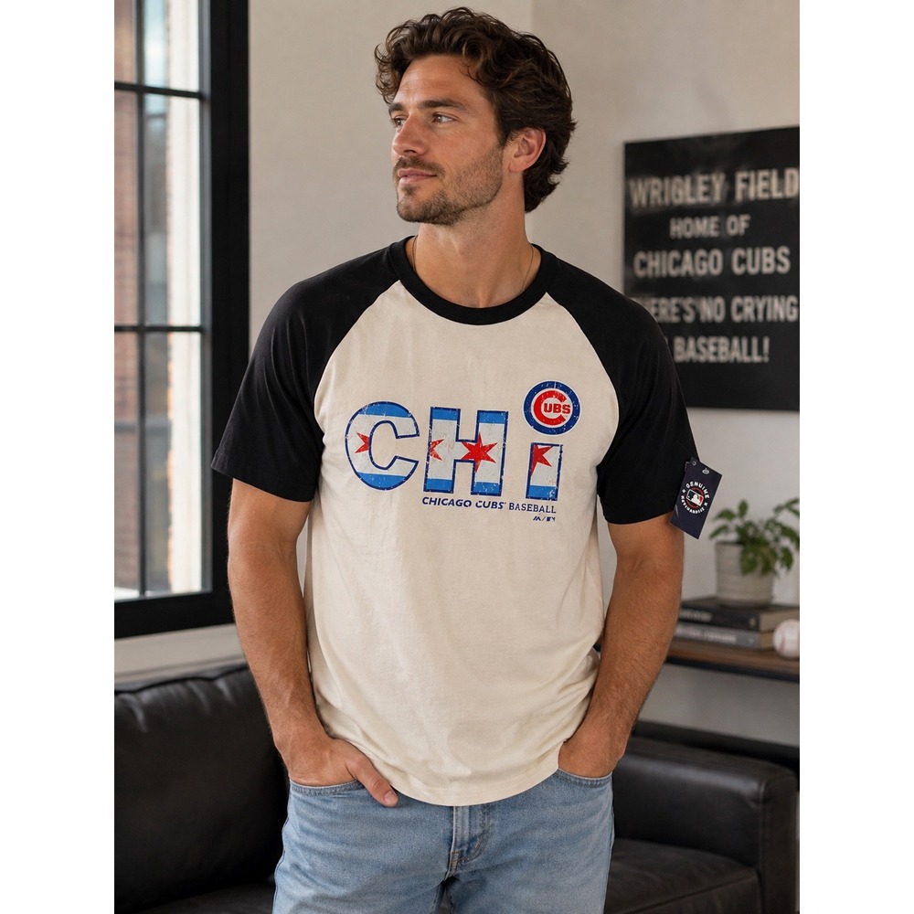 Majestic Threads Chicago Cubs MLB Raglan T-Shirt Mens Small Cream Black CHI NWT